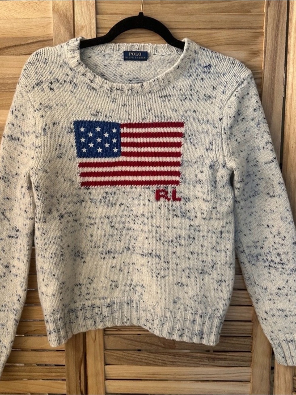 Ralph Lauren Cream Speckled Crewneck Sweater with Red, White & Blue Flag